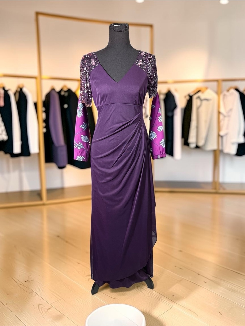 Xscape Purple Long-Sleeve V-Neck Evening Gown